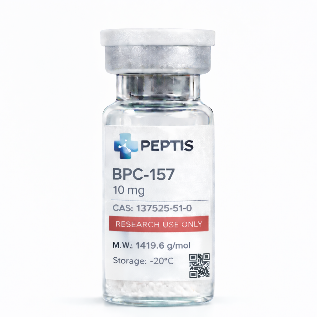 Laboratoryjna fiolka ze sterylnym odczynnikiem BPC-157 10mg do badań nad gojeniem tkanek.