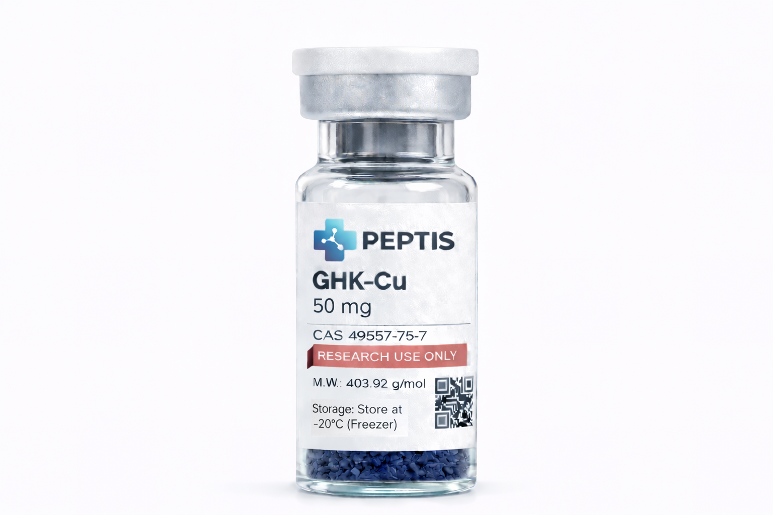 Szklana fiolka z innowacyjnym, niebieskim odczynnikiem GHK-Cu 50mg do badań nad tkanką.