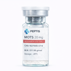 Fiolka z ekstremalnie czystym odczynnikiem analitycznym MOTS-c 20mg do badań nad metabolizmem komórkowym.