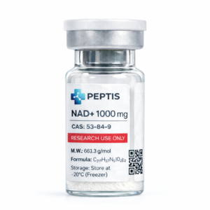 Szklana fiolka z potężną dawką 1000mg (1g) odczynnika analitycznego NAD+ do badań nad mitochondriami.