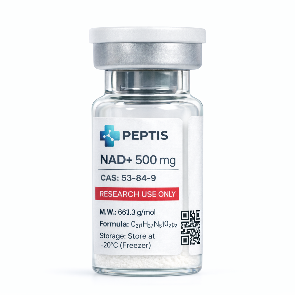 Szklana fiolka laboratoryjna ze sterylnym odczynnikiem NAD+ 500mg do badań nad energią ATP.