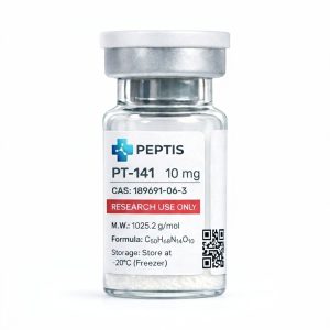 Szklana fiolka laboratoryjna ze sterylnym odczynnikiem PT-141 do badań nad energią ATP.