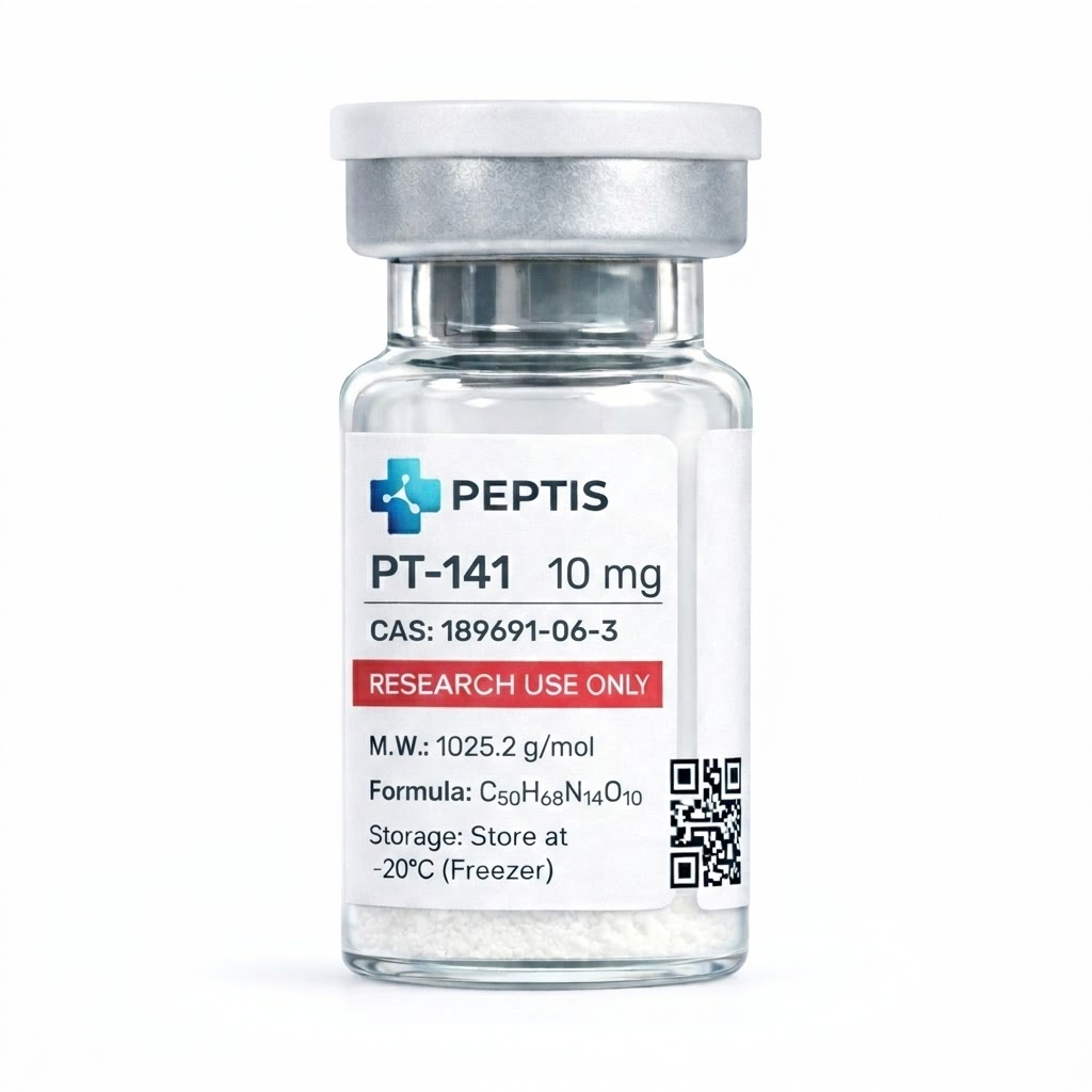 Szklana fiolka laboratoryjna ze sterylnym odczynnikiem PT-141 do badań nad energią ATP.