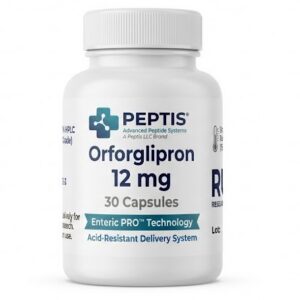 Opakowanie 30 kwasoodpornych kapsułek z odczynnikiem analitycznym Orforglipron 12mg do badań metabolicznych.