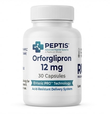 Opakowanie 30 kwasoodpornych kapsułek z odczynnikiem analitycznym Orforglipron 12mg do badań metabolicznych.